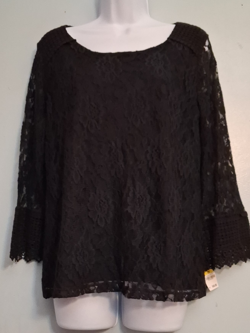 Style&Co. Size Medium Petitie Women's Deep Black Lace Crochet Sleeve Top.